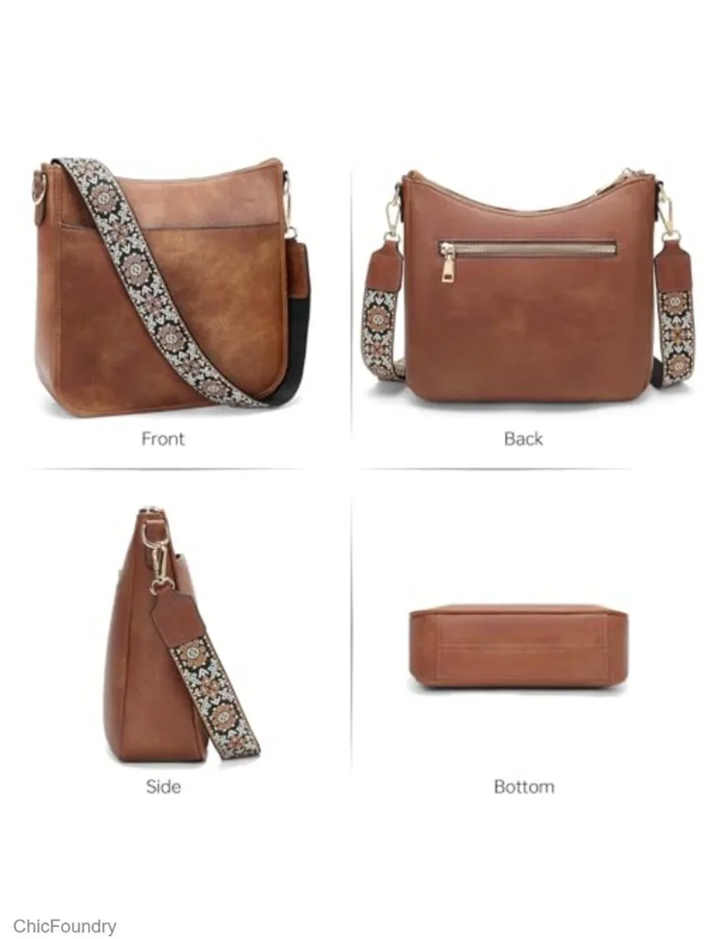 Women's Vegan Leather Crossbody Hobo Bag with Adjustable Wide Guitar Strap